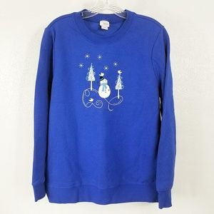 Holiday Editions Women's Blue Snow Man Christmas Winter Sweat Shirt Top